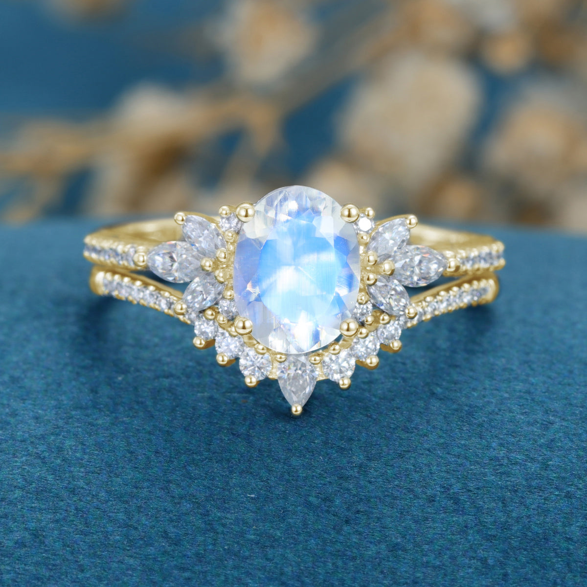 1.5 Carat Oval cut Moonstone Cluster Engagement ring Bridal Set