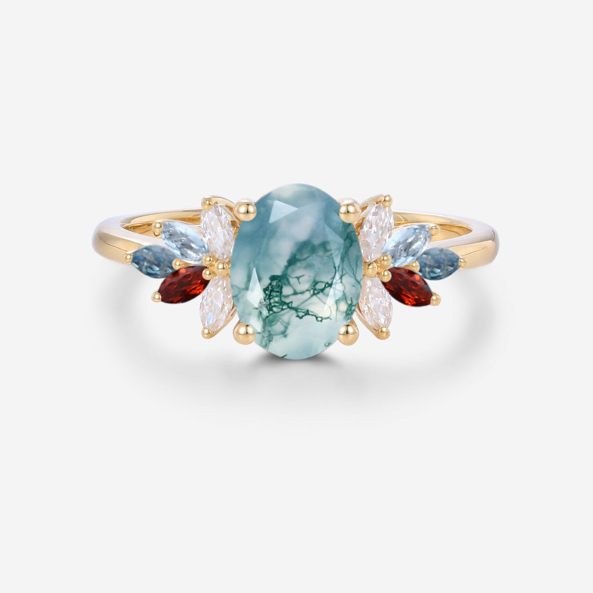 Natural Green Moss Agate Oval cut cluster Engagement Ring