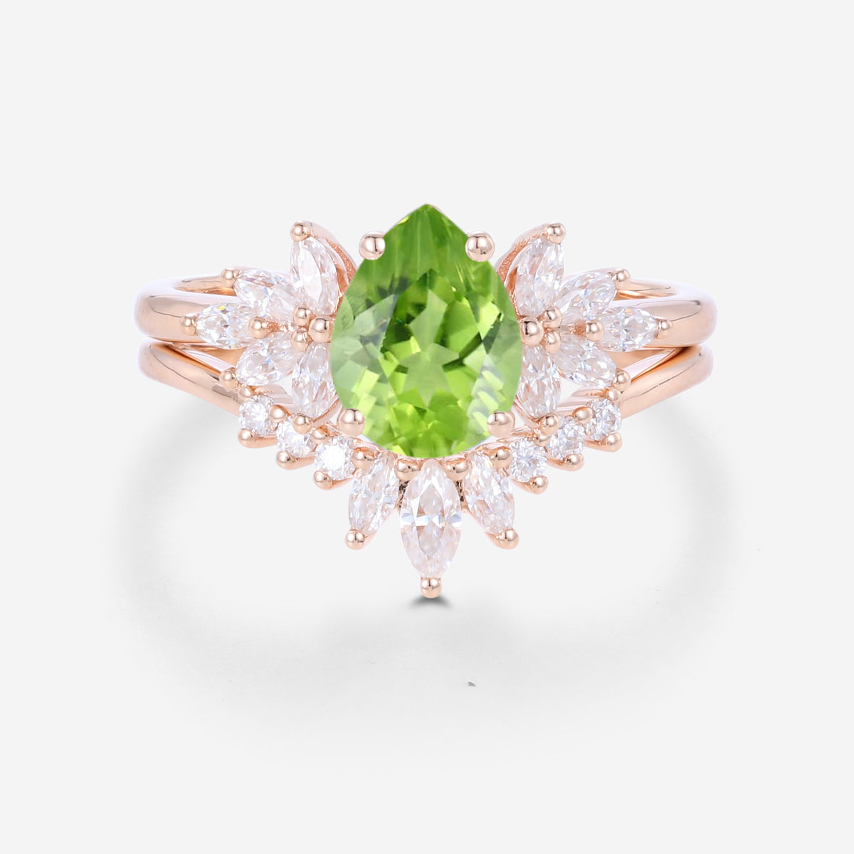 Pear cut Olivine Cluster Engagement ring Bridal Set