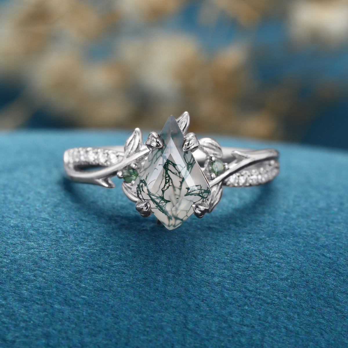 Nature Inspired Kite cut Moss Agate Gold Engagement Ring
