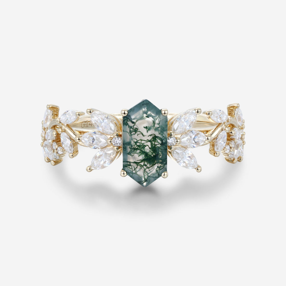 Long Hexagon cut Moss Agate Gold Engagement Ring