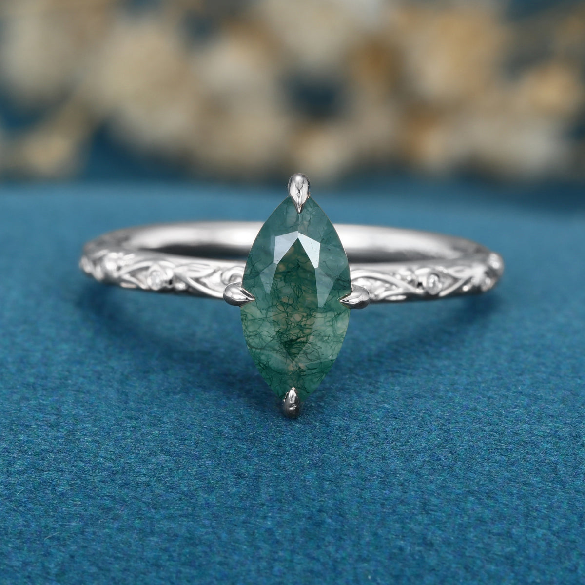 Solitaires Marquise cut Moss Agate Solid Gold Engagement Ring