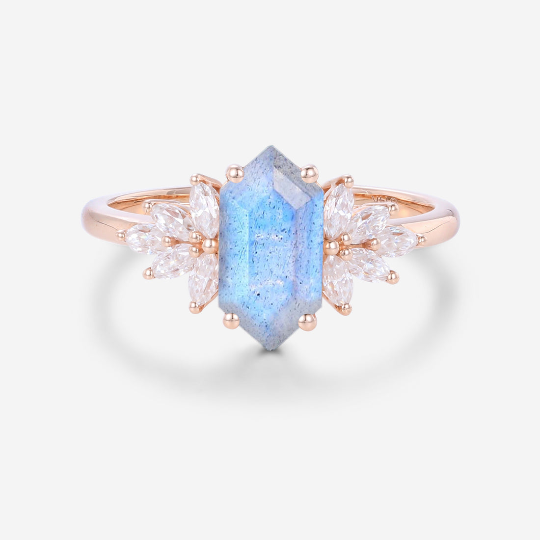 Long Hexagon Cut Labradorite Cluster Engagement Ring