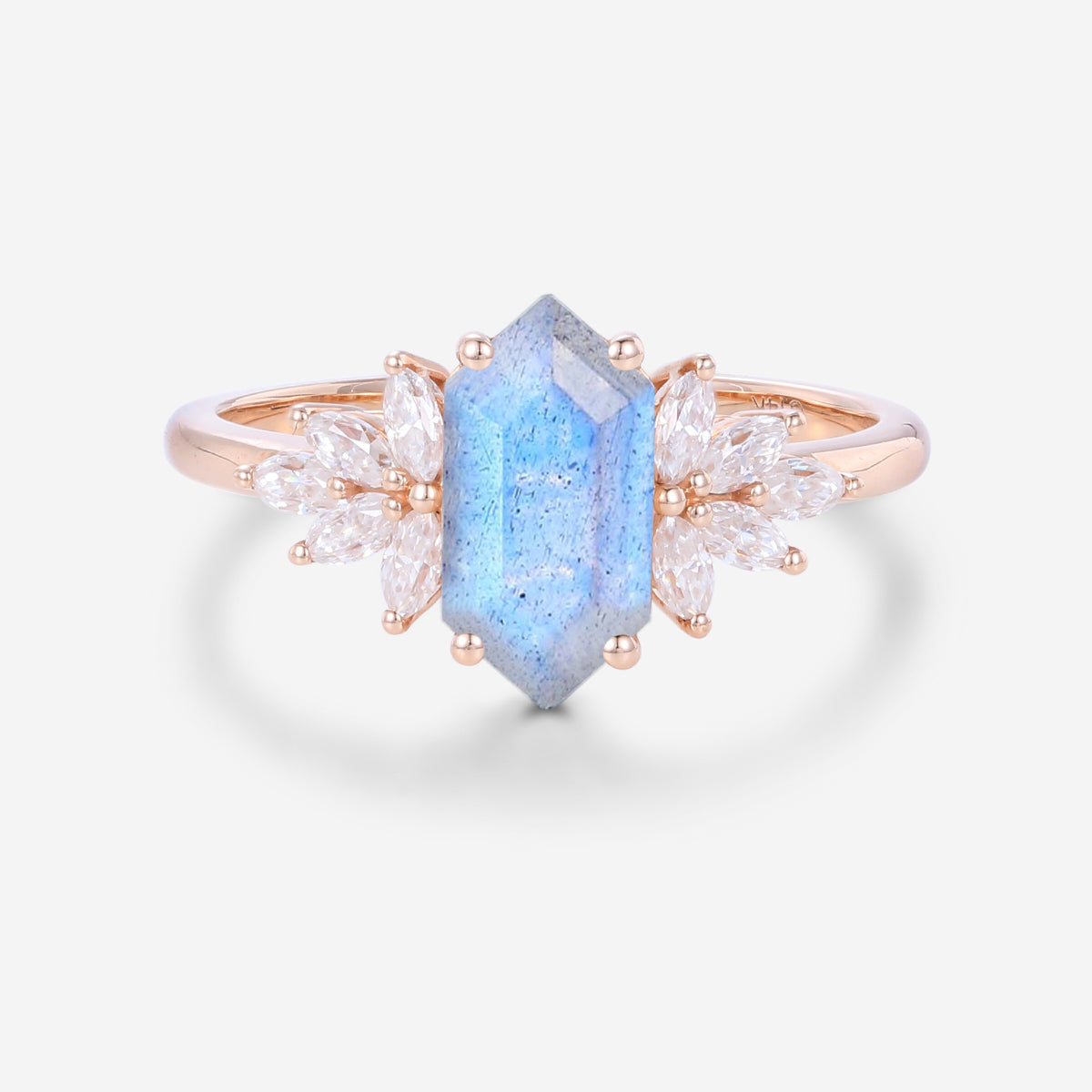 Long Hexagon Cut Labradorite Cluster Engagement Ring