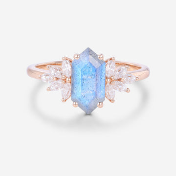Long Hexagon Cut Labradorite Cluster Engagement Ring