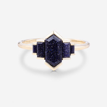 Bezel setting Long Hexagon cut Blue Sandstone Engagement Ring