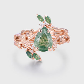 Inspired Pear cut Moss Agate Solid Gold Wedding Bridal Set