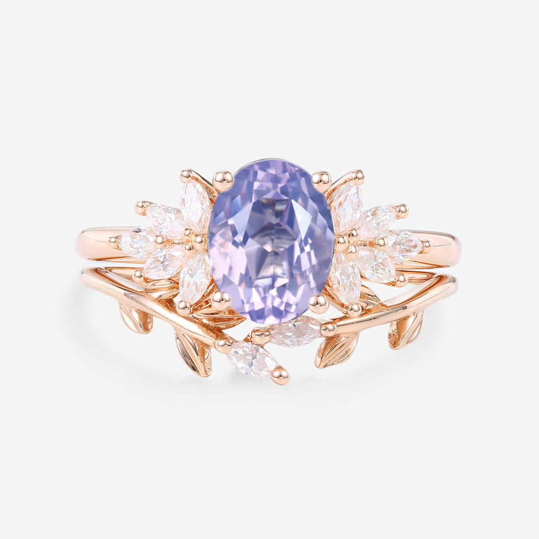 Oval Cut Lavender Amethyst Engagement Ring set Rose Gold Diamond Wedding Bridal Set