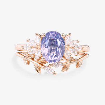 Oval Cut Lavender Amethyst Engagement Ring set Rose Gold Diamond Wedding Bridal Set