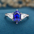 Hexagon cut Lab Blue Sapphire Solid Gold Engagement Ring