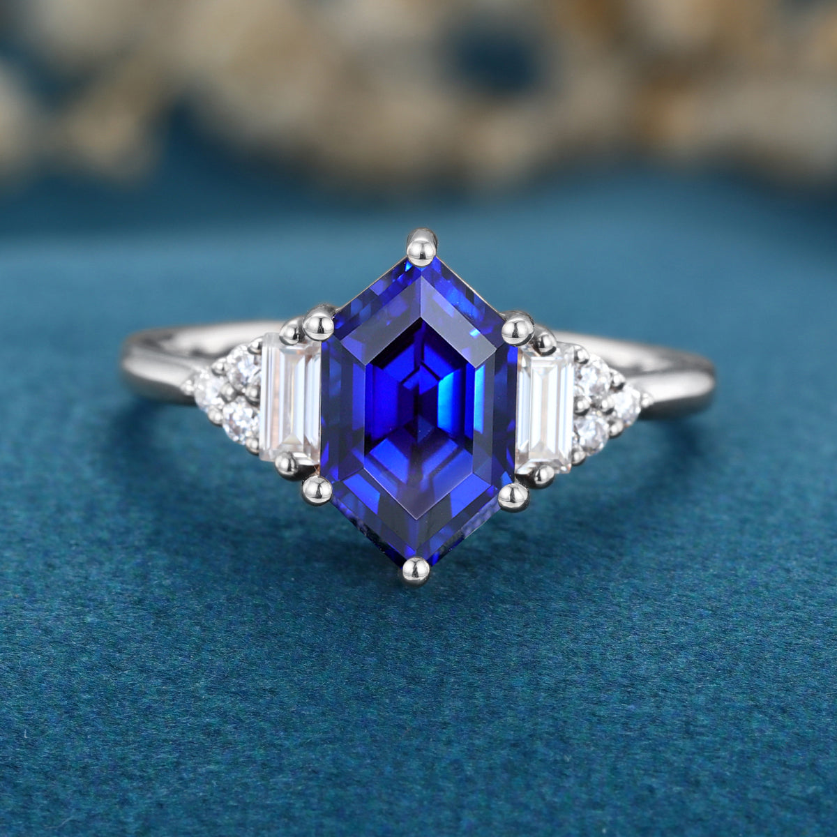 Hexagon cut Lab Blue Sapphire Solid Gold Engagement Ring