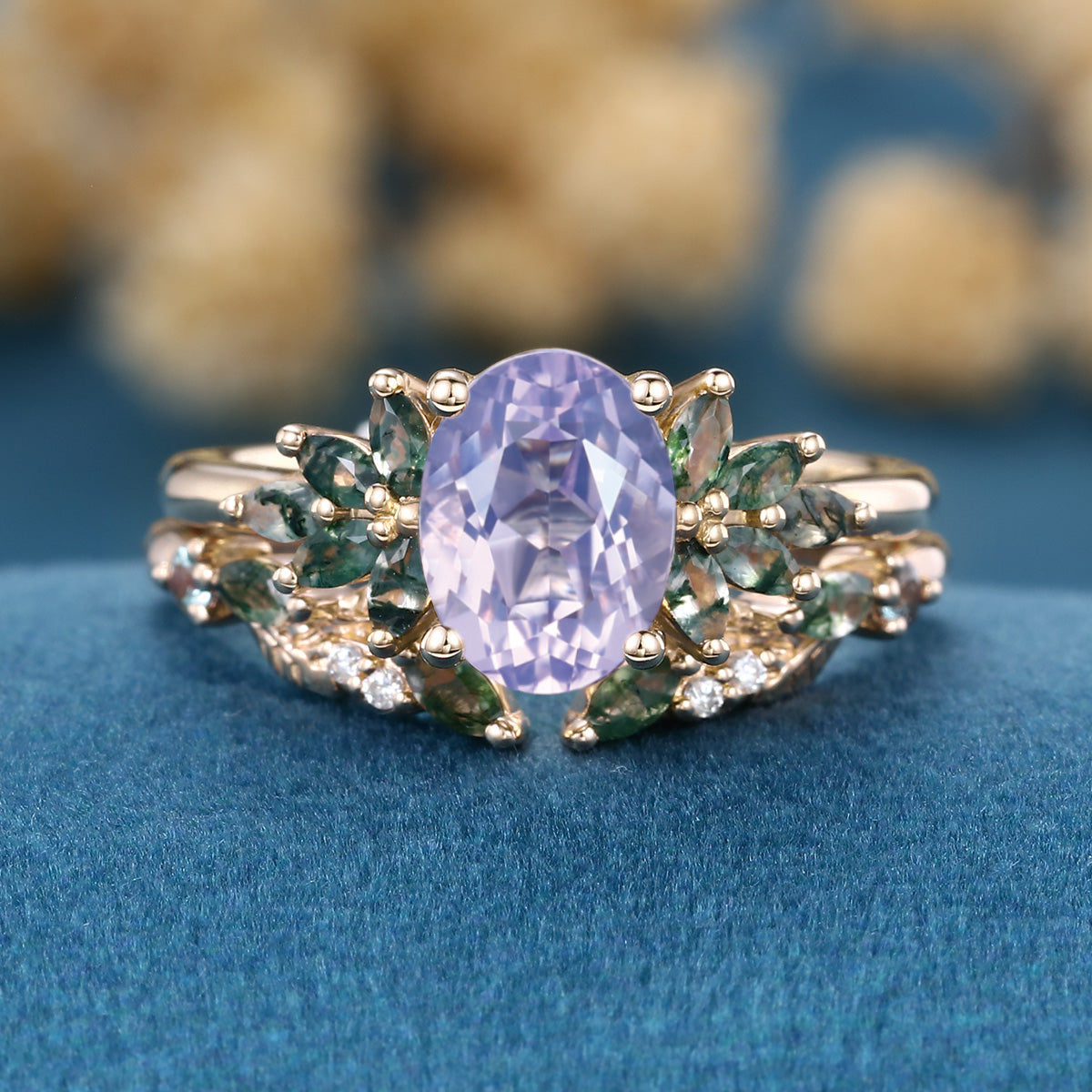 Vintage Oval cut Lavender Amethyst  + Moss agate Wedding Bridal Set