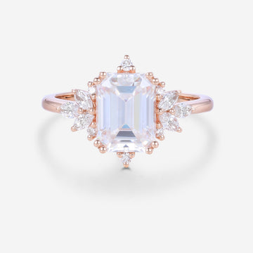 Emerald cut Moissanite Cluster Engagement ring