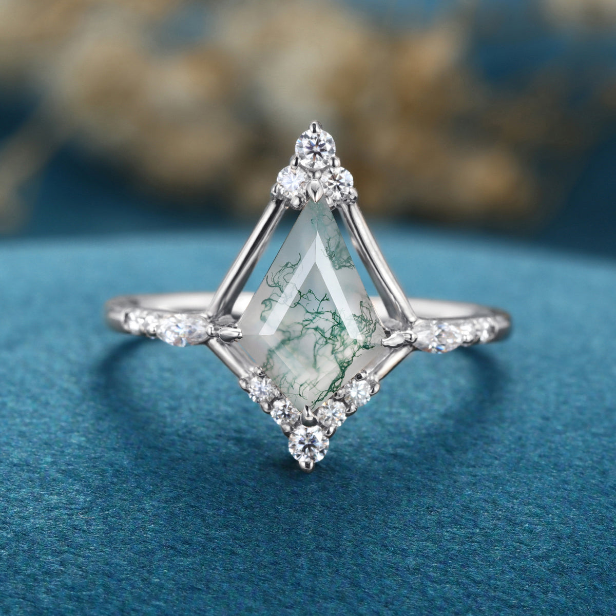 Kite cut Moss Agate Gold Engagement Ring