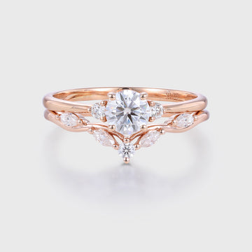 Round cut Moissanite Engagement ring White gold Diamond Wedding Bridal Set