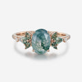 Oval cut Moss Agate + Diamonds Solid Gold Engagement Ring