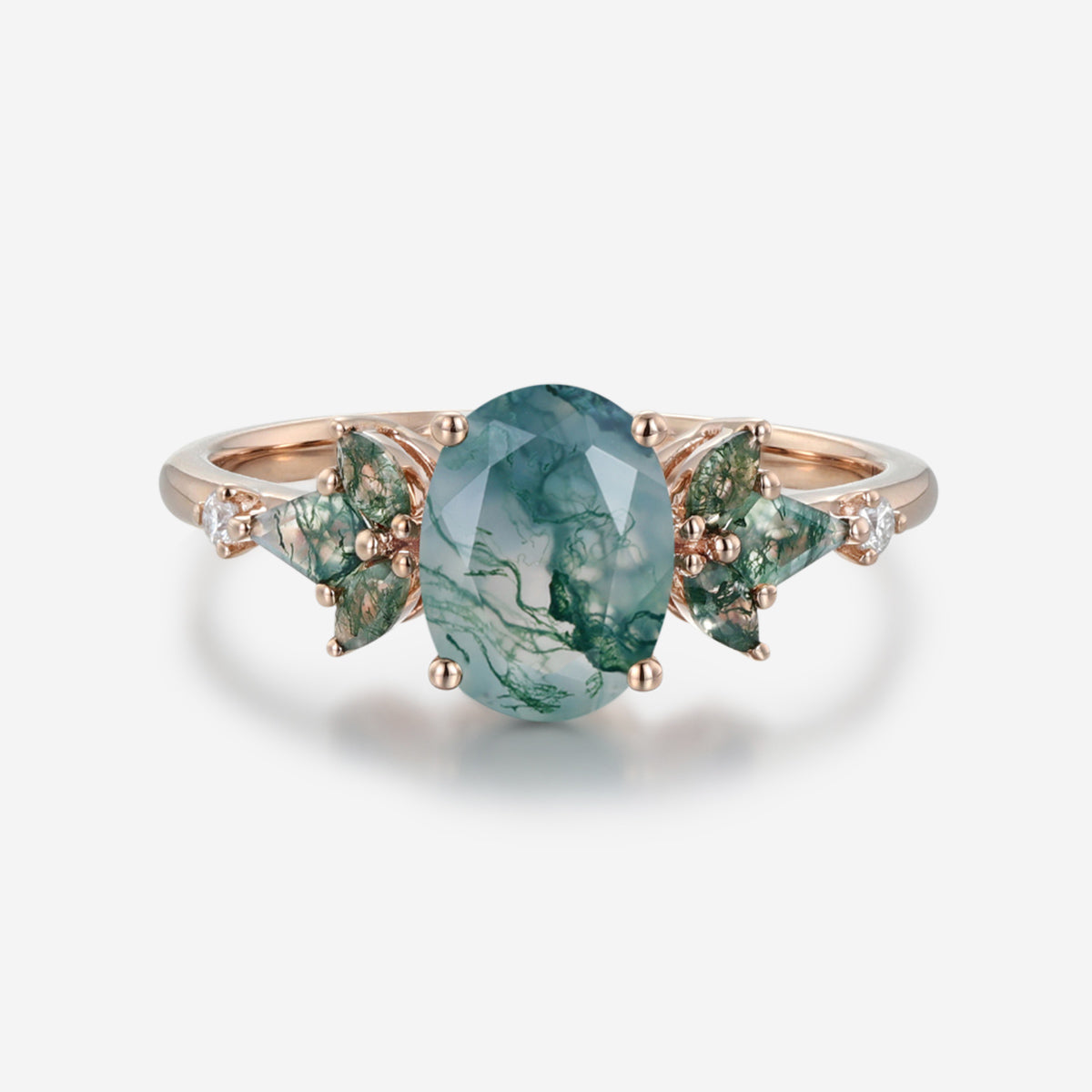 Oval cut Moss Agate + Diamonds Solid Gold Engagement Ring