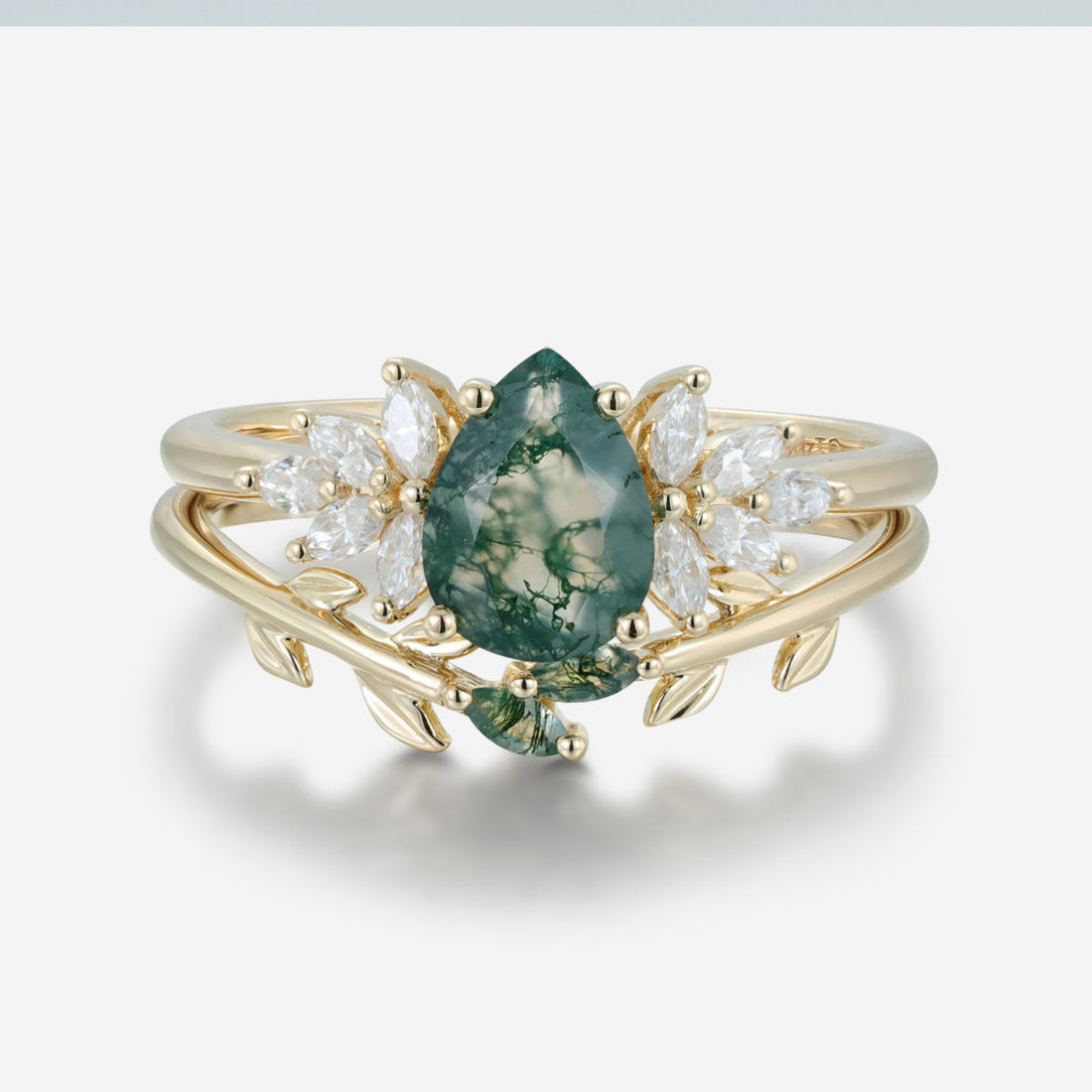 Nature Inspired Pear cut Moss Agate Leaf Gold Wedding bridal set