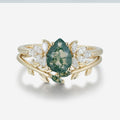 Nature Inspired Pear cut Moss Agate Leaf Gold Wedding bridal set