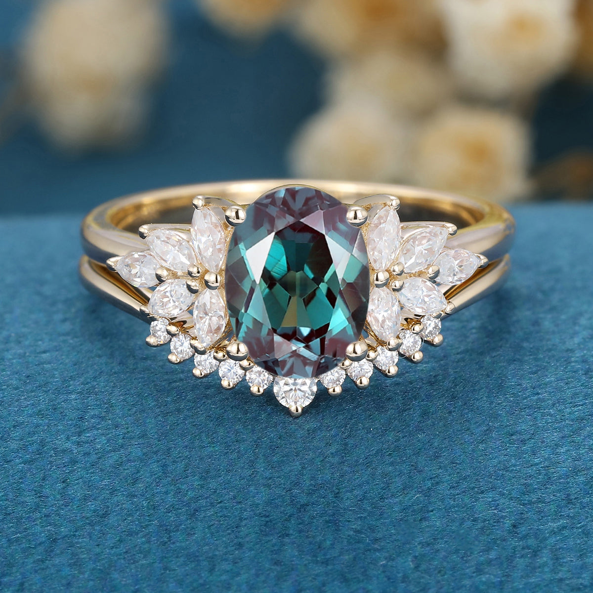 2PCS Oval Alexandrite cluster Engagement ring Bridal Set