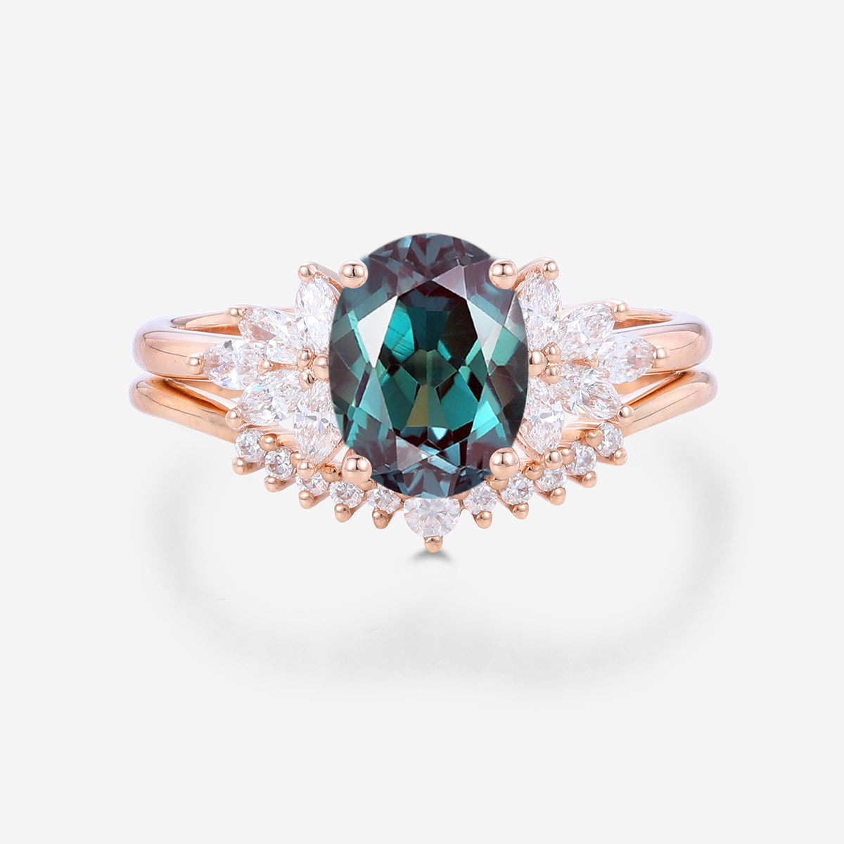 2PCS Oval Alexandrite cluster Engagement ring Bridal Set