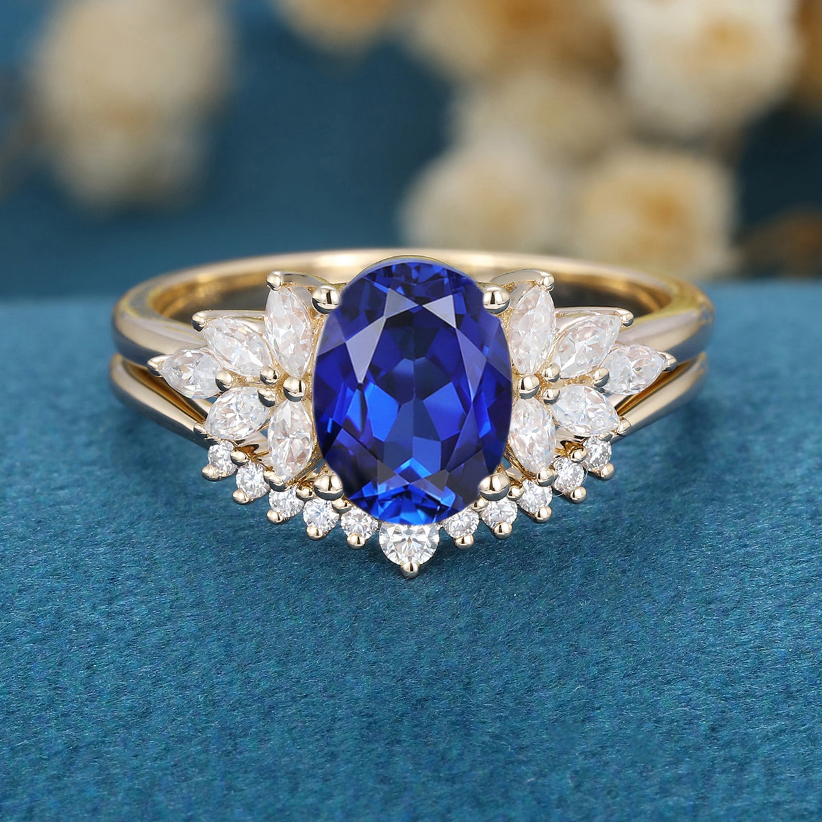 2PCS Oval cut  Sapphire Engagement ring Bridal Set