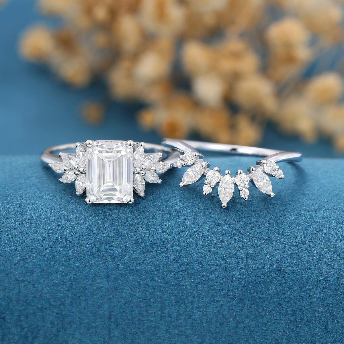 1.6 Carat Vintage Emerald cut Moissanite Cluster Engagement Ring Set