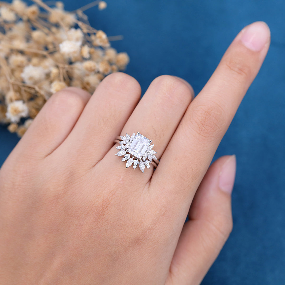 1.6 Carat Vintage Emerald cut Moissanite Cluster Engagement Ring Set
