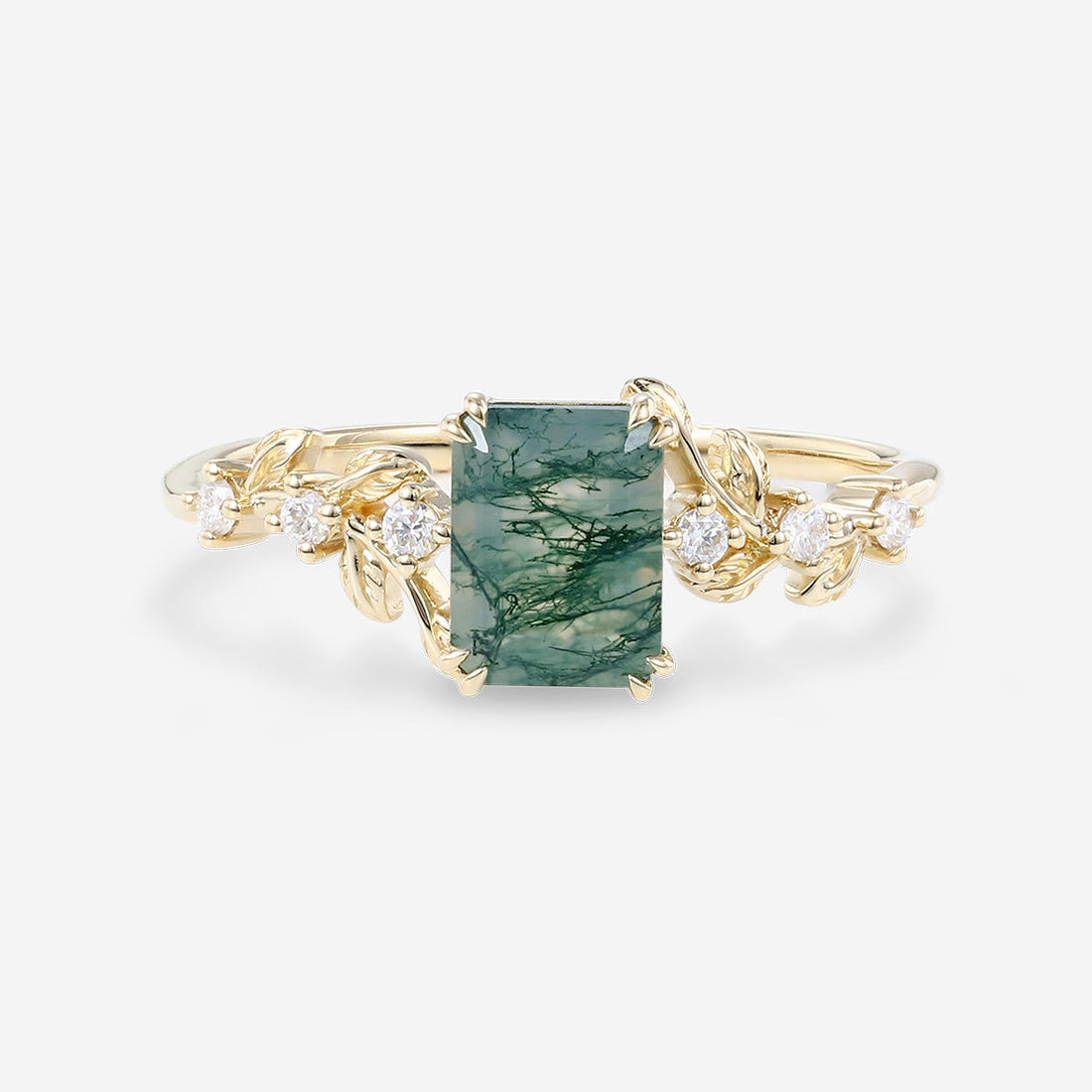 Emerald cut Moss Agate Matching Moissanite | Diamonds Gold Engagement Ring