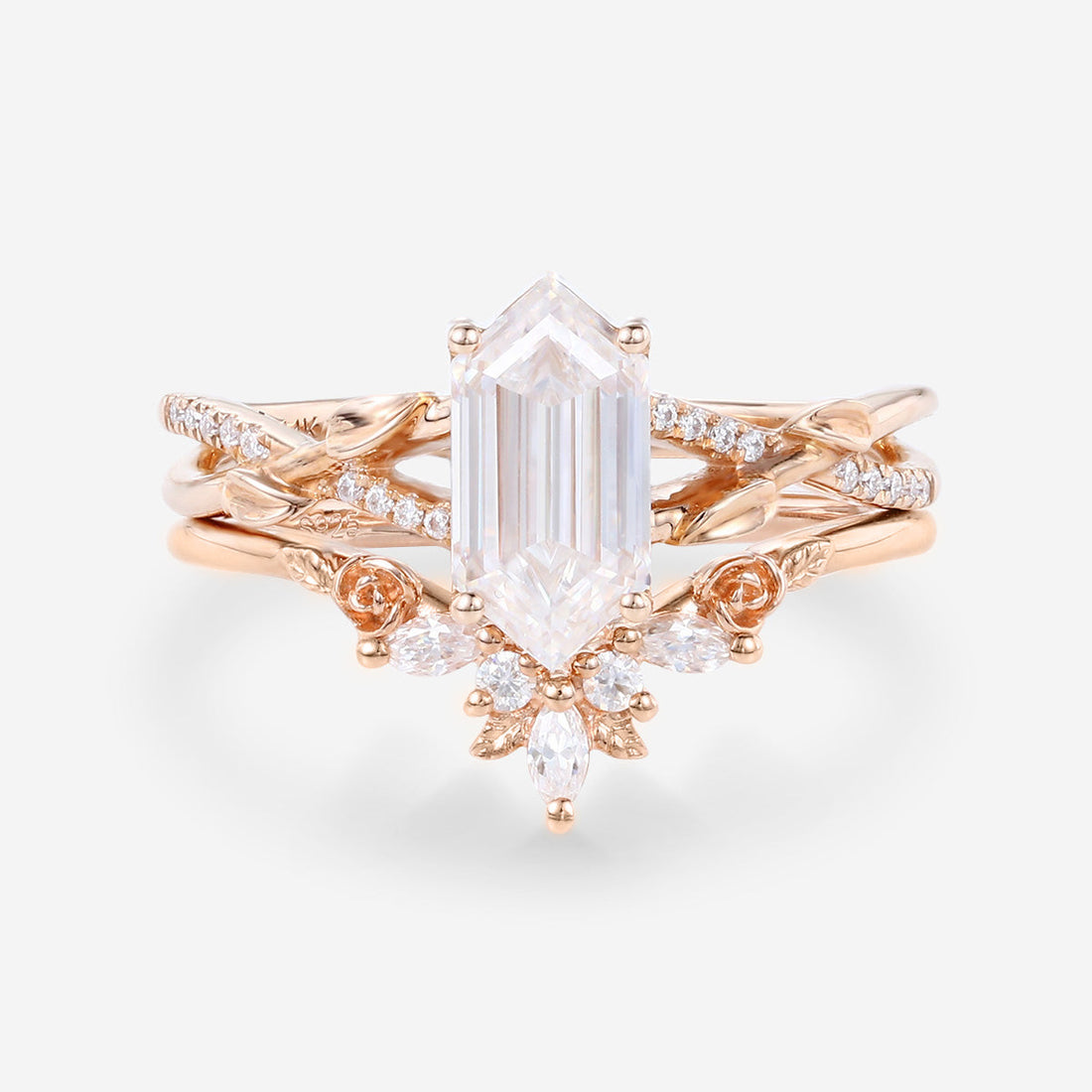 Hexagon cut Moissanite Engagement Ring diamonds Rose Gold Wedding Bridal Set