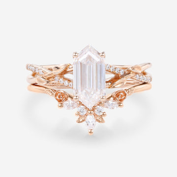 Hexagon cut Moissanite Engagement Ring diamonds Rose Gold Wedding Bridal Set