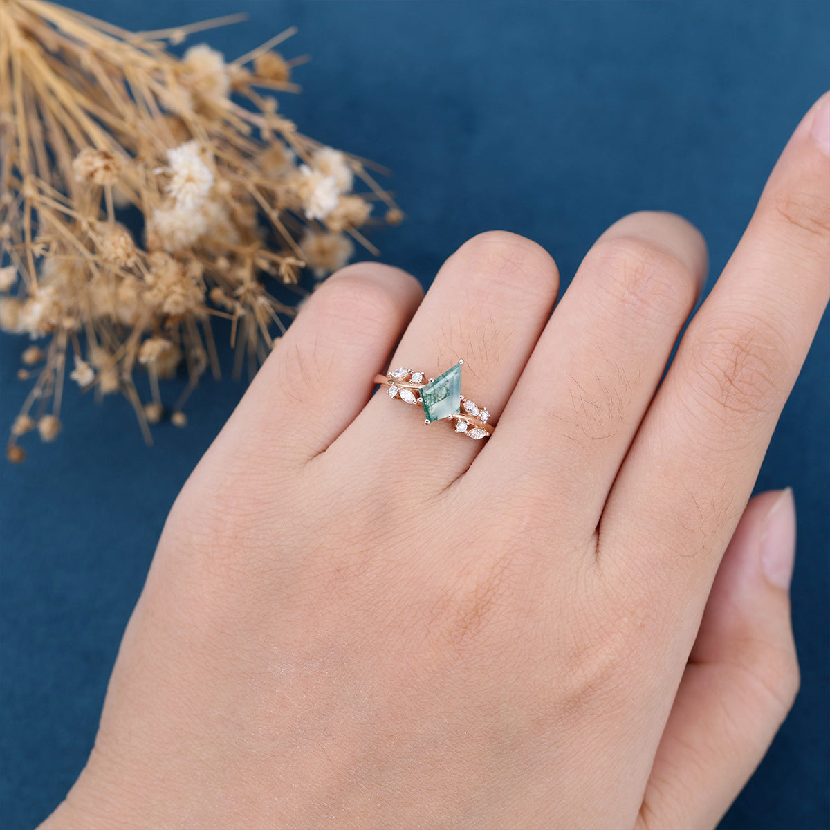 Kite Cut Natural Green Moss Agate Cluster Engagement Ring