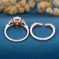 Oval cut Lab Pink Opal + Moss agate Rose Gold Wedding Bridal Set