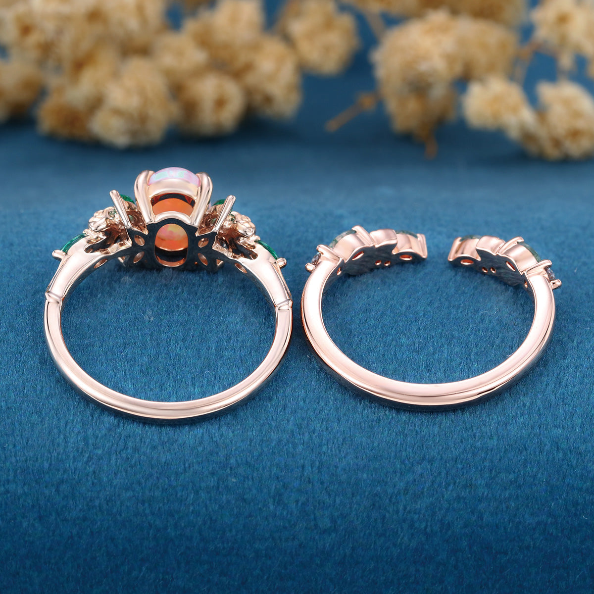 Oval cut Lab Pink Opal + Moss agate Rose Gold Wedding Bridal Set