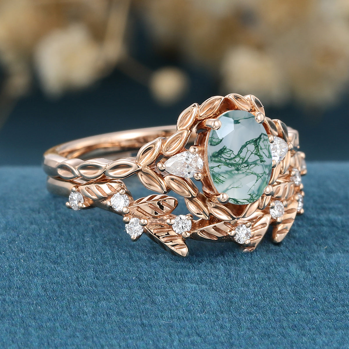 Copy of Nature Inspired Oval cut Moissanite Leaf Gold ring set