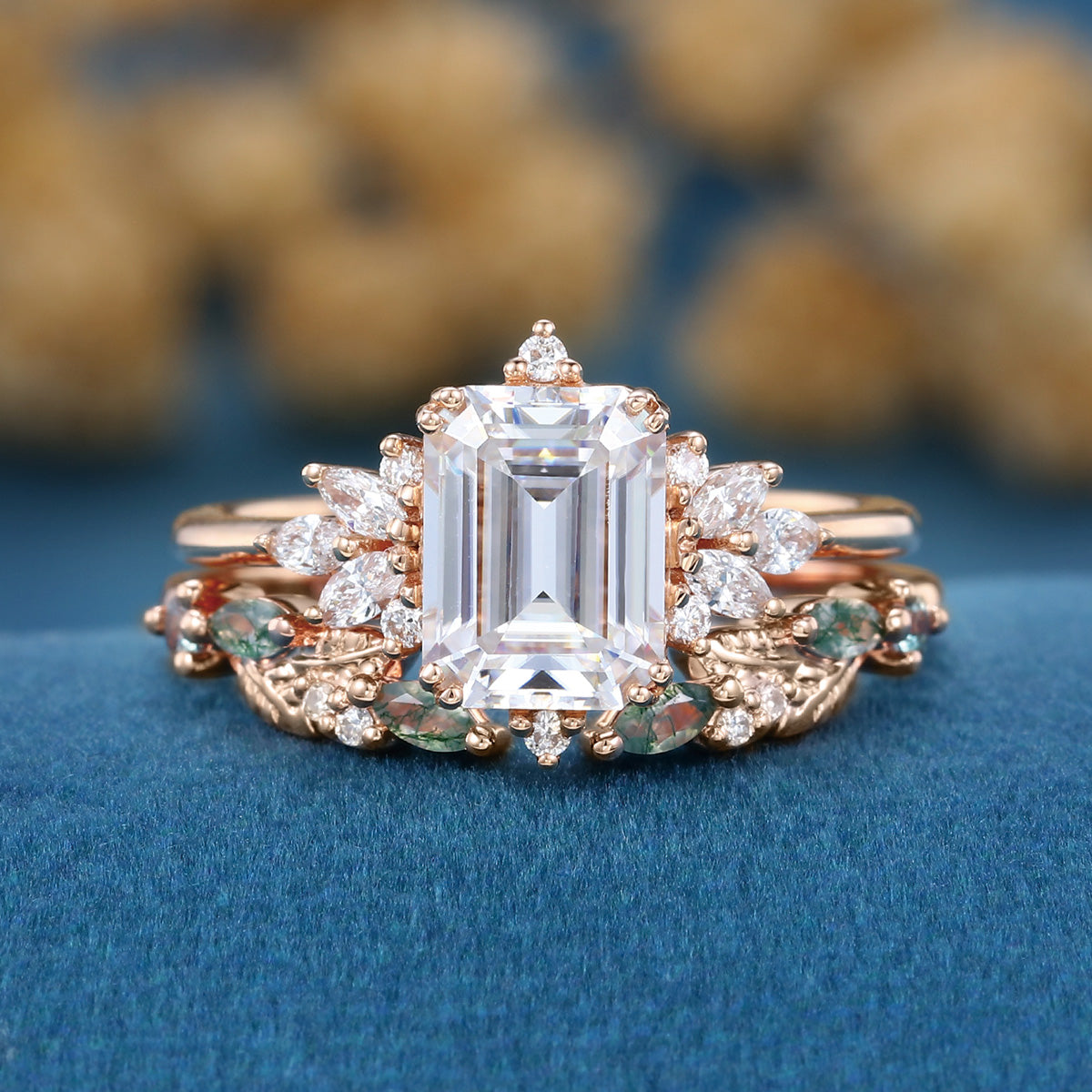 Emerald cut Moissanite Engagement ring +Moss agate Wedding Bridal set