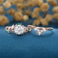 Pear Moissanite Engagement ring + Pink Sapphire | Lab Emerald Curved Wedding bridal set
