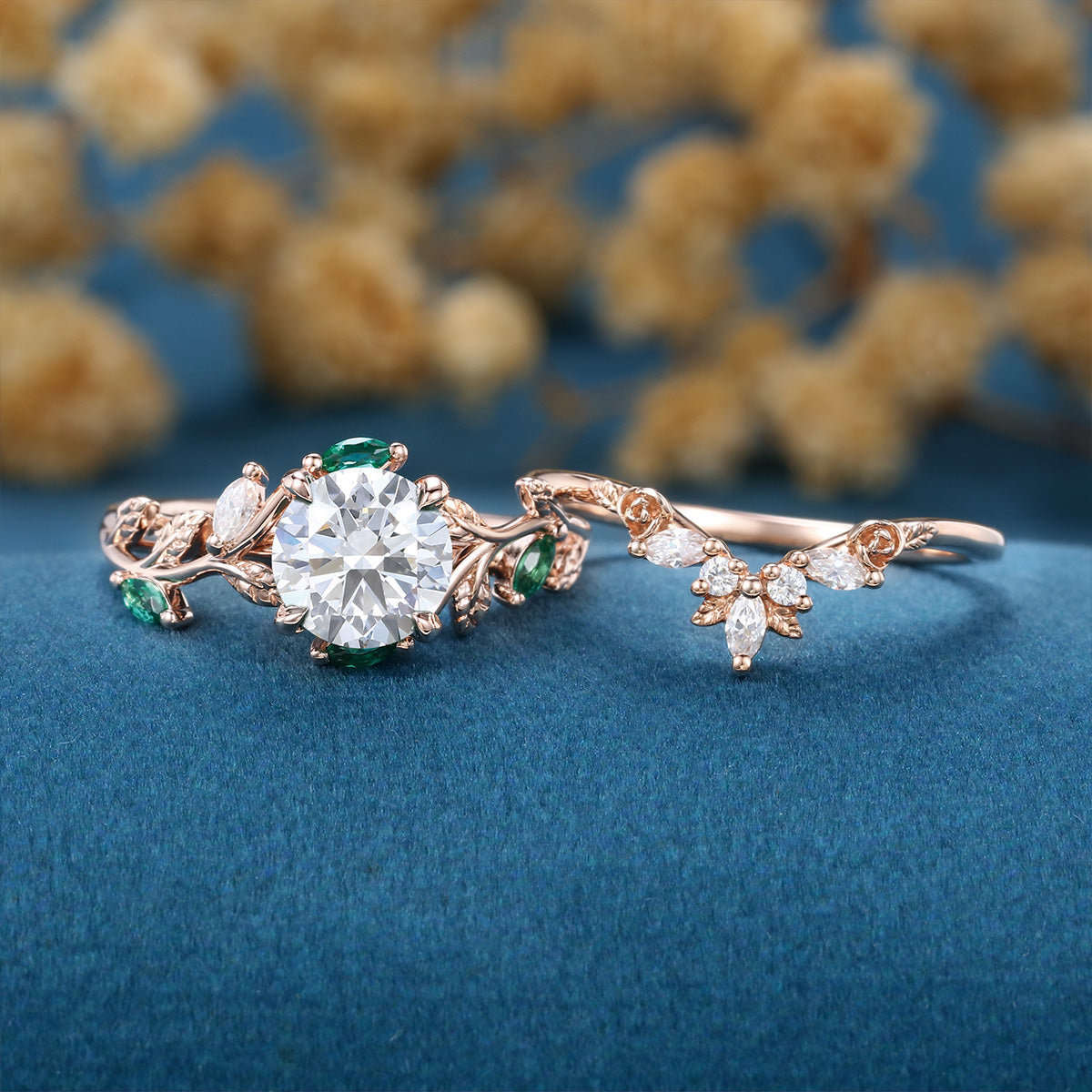 Pear Moissanite Engagement ring + Pink Sapphire | Lab Emerald Curved Wedding bridal set