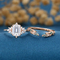 Emerald cut Moissanite Engagement ring +Moss agate Wedding Bridal set