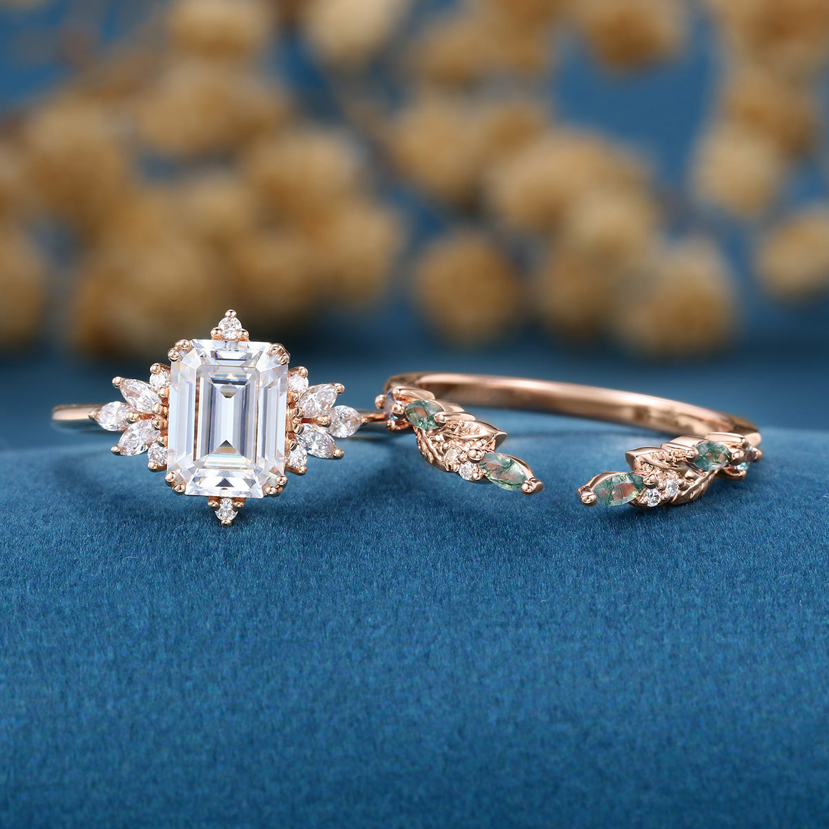 Emerald cut Moissanite Engagement ring +Moss agate Wedding Bridal set
