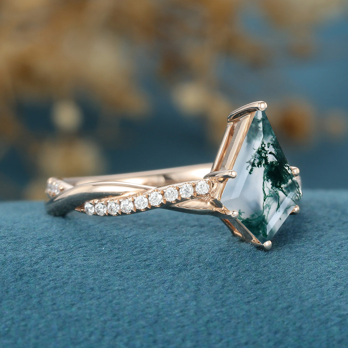 Kite Cut Natural Green Moss Agate Cluster Engagement Ring