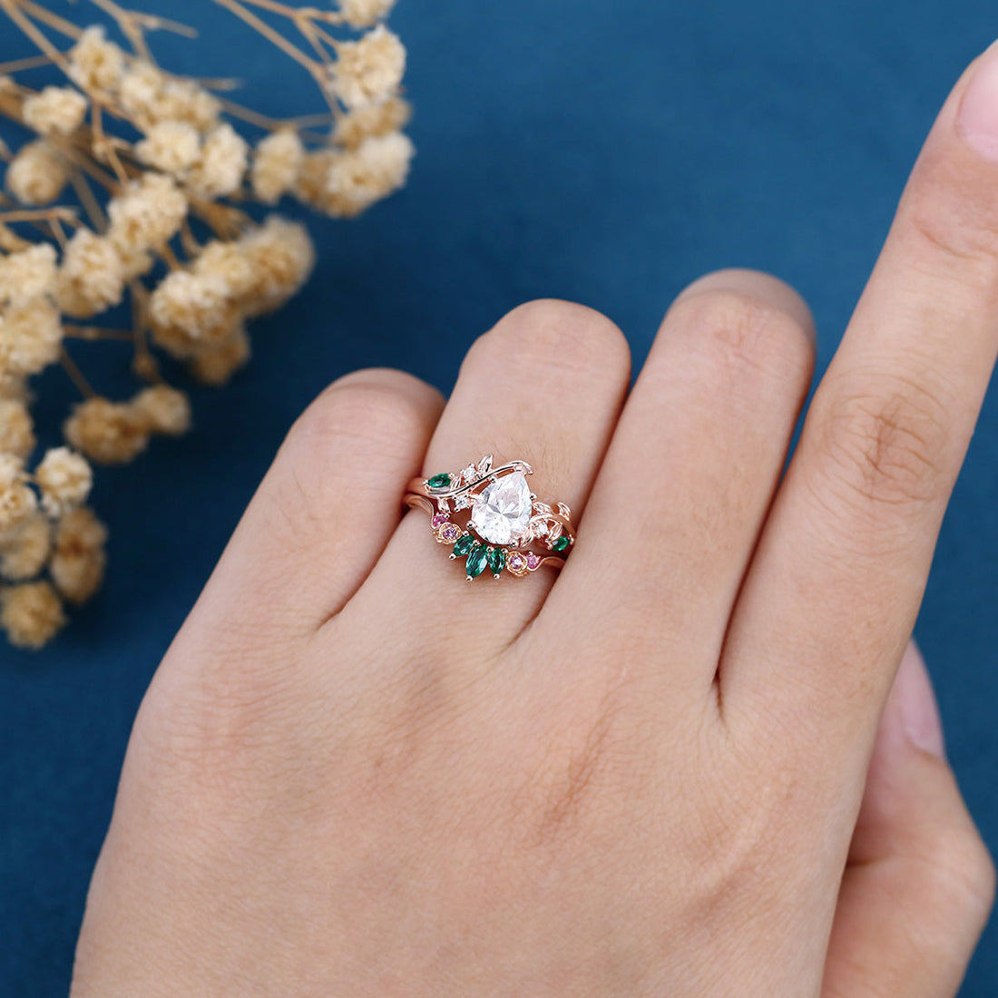 Pear Moissanite Engagement ring + Pink Sapphire | Lab Emerald Curved Wedding bridal set