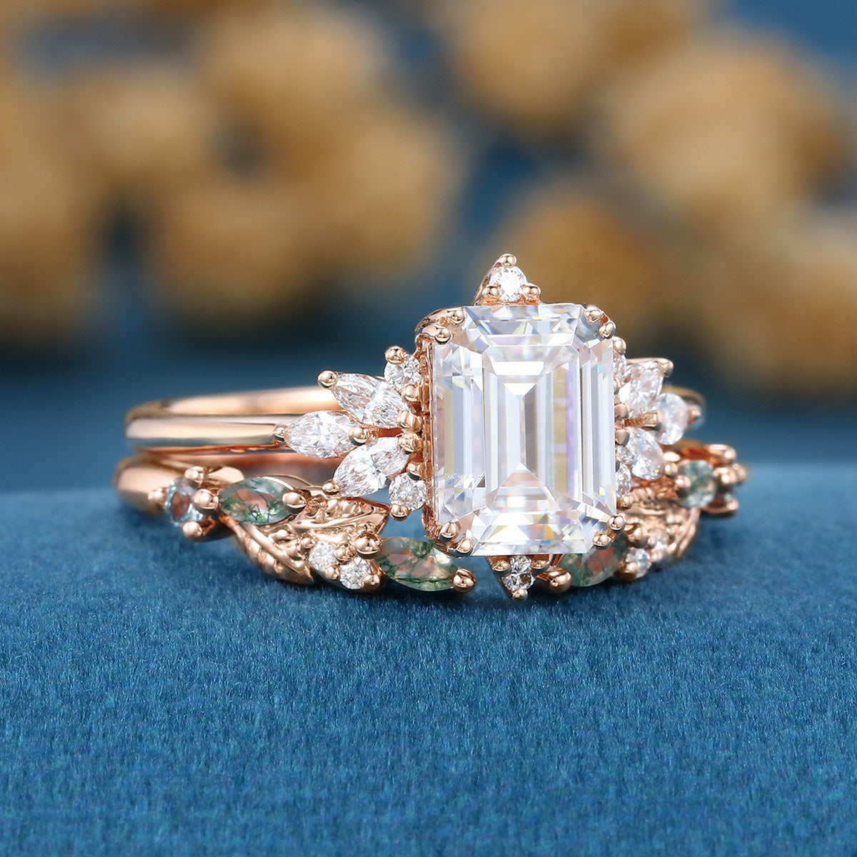 Emerald cut Moissanite Engagement ring +Moss agate Wedding Bridal set