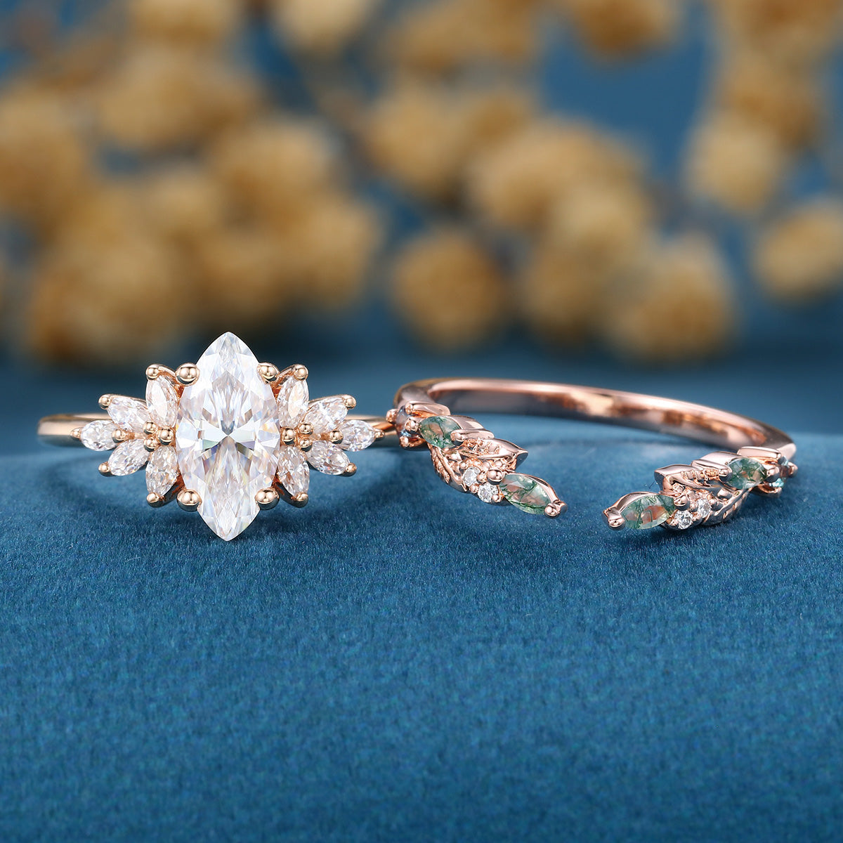 Marquise cut Moissanite Engagement ring +Moss agate Wedding Bridal set