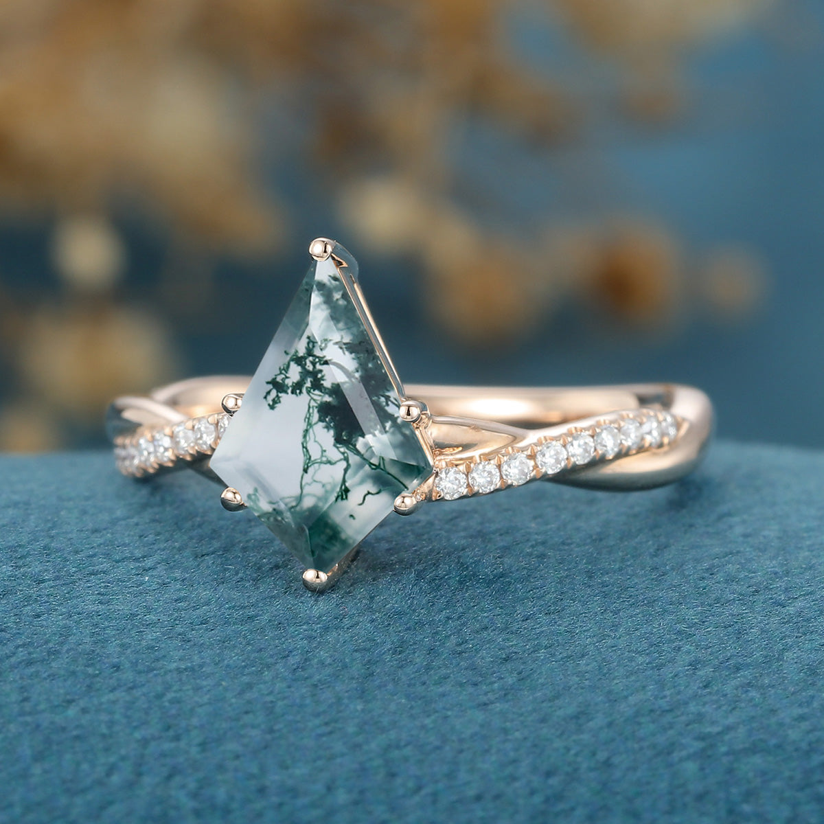 Kite Cut Natural Green Moss Agate Cluster Engagement Ring