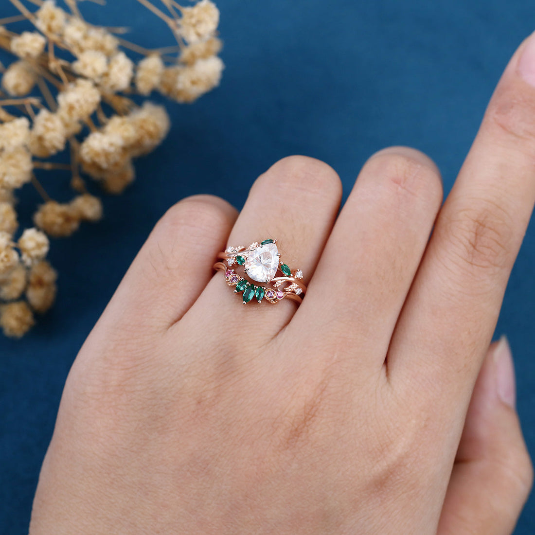 Pear Moissanite Engagement ring + Pink Sapphire | Lab Emerald Curved Wedding bridal set