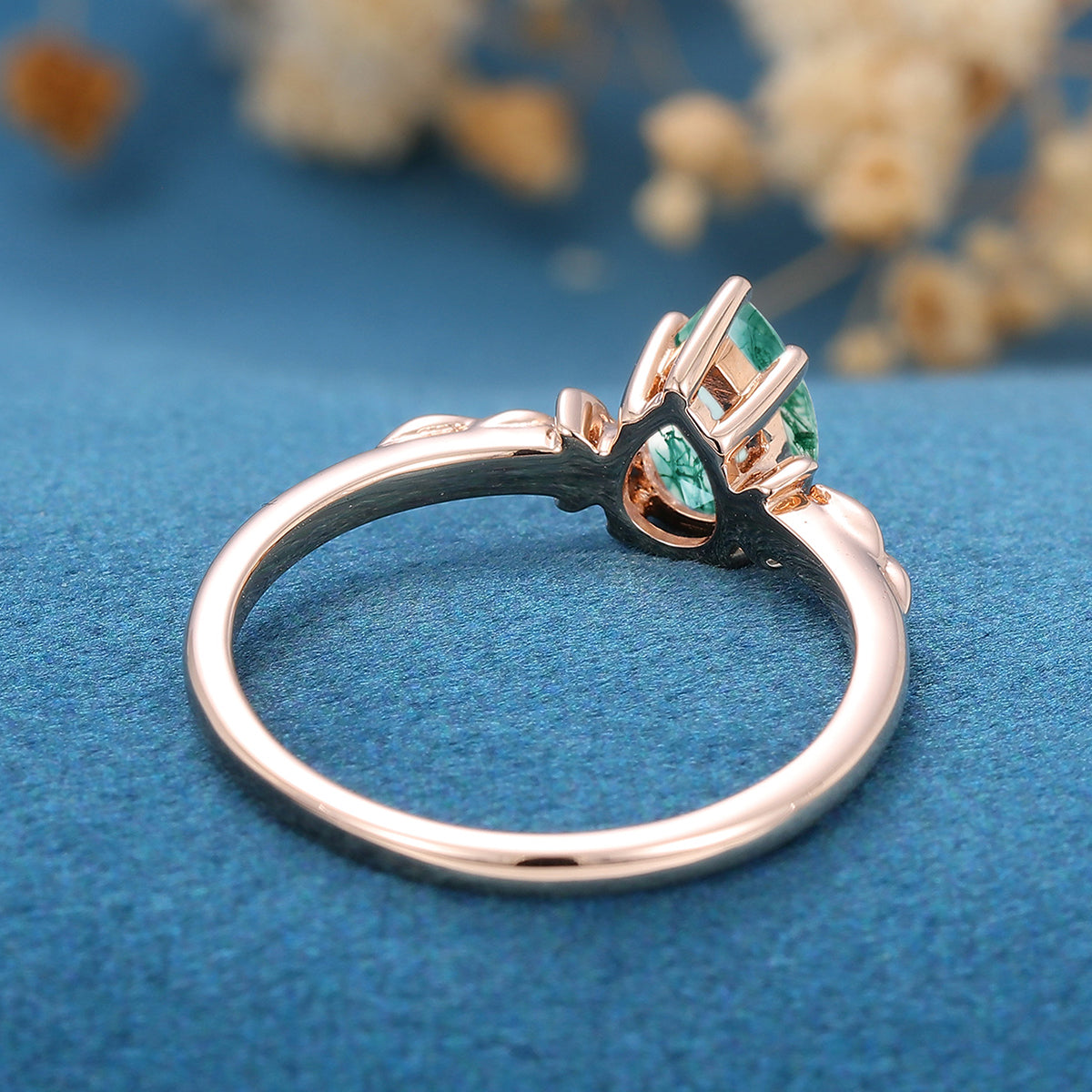 Pear Cut Natural Green Moss Agate Cluster Engagement Ring