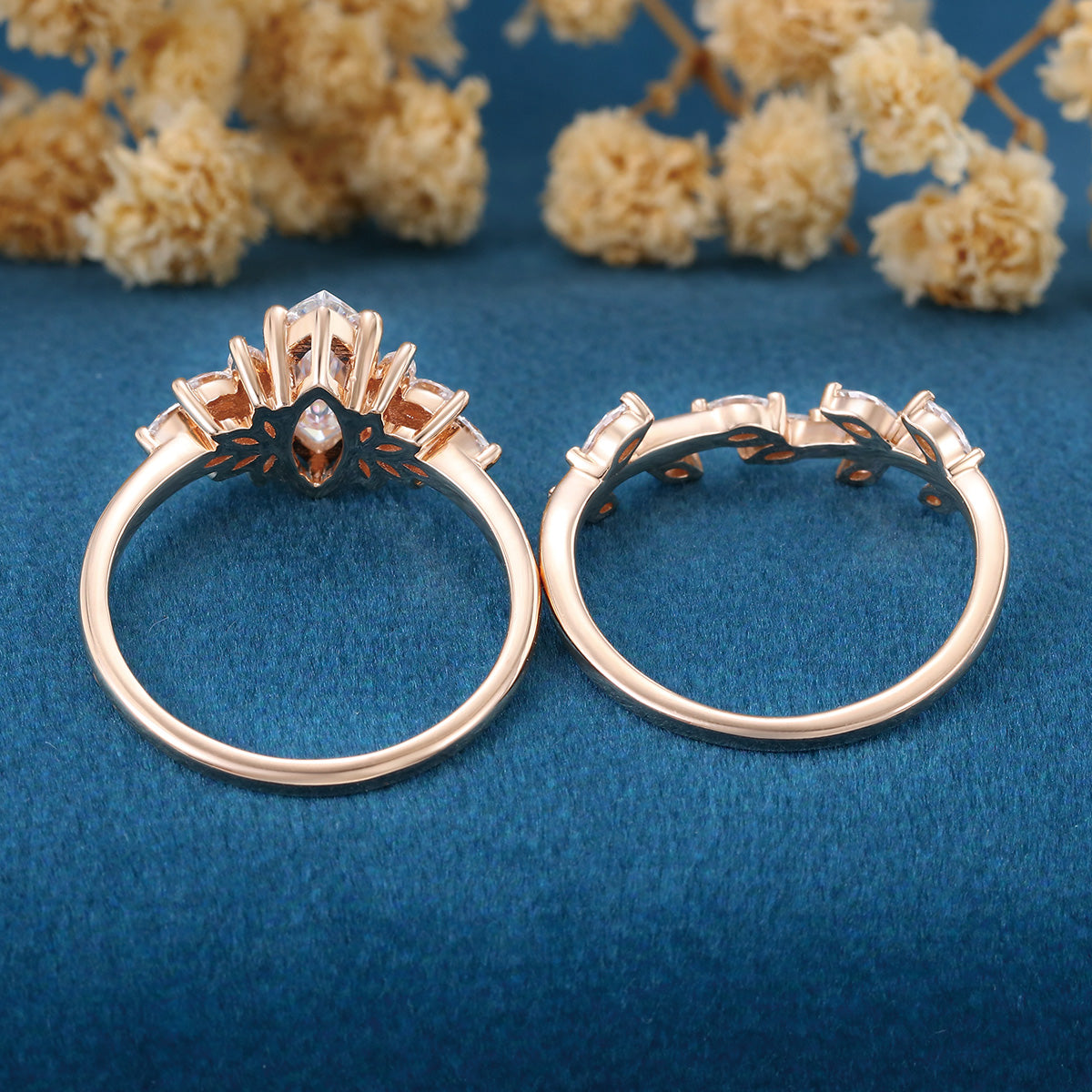 Marquise cut Lab-Grown Diamond Engagement ring Rose gold Cluster Diamond Wedding Bridal Set