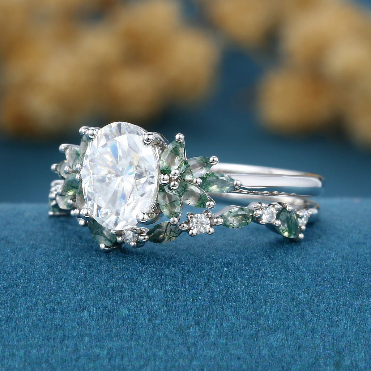 Oval cut Moissanite+ Opal Engagement ring Moss agate Wedding Bridal set (Copy)