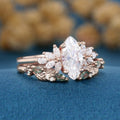 Marquise cut Moissanite Engagement ring +Moss agate Wedding Bridal set